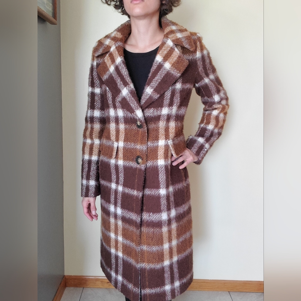 Calvin Klein Poly-Wool Blend Brown and White Plaid Coat